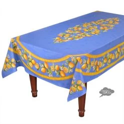 60x96" Rectangular Lemons Blue Acrylic-Coated Cotton Tablecloth By Tissus Toselli