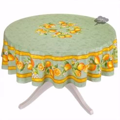 70" Round Lemons Green Tablecloth By Tissus Toselli