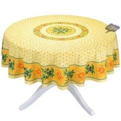 68" Round Sunflower Yellow Cotton Coated Provence Tablecloth By Le Cluny