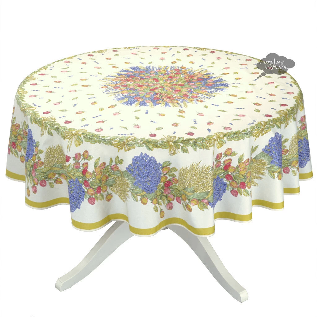 70" Round Roses & Lavender Acrylic-Coated Cotton Tablecloth By Tissus Toselli