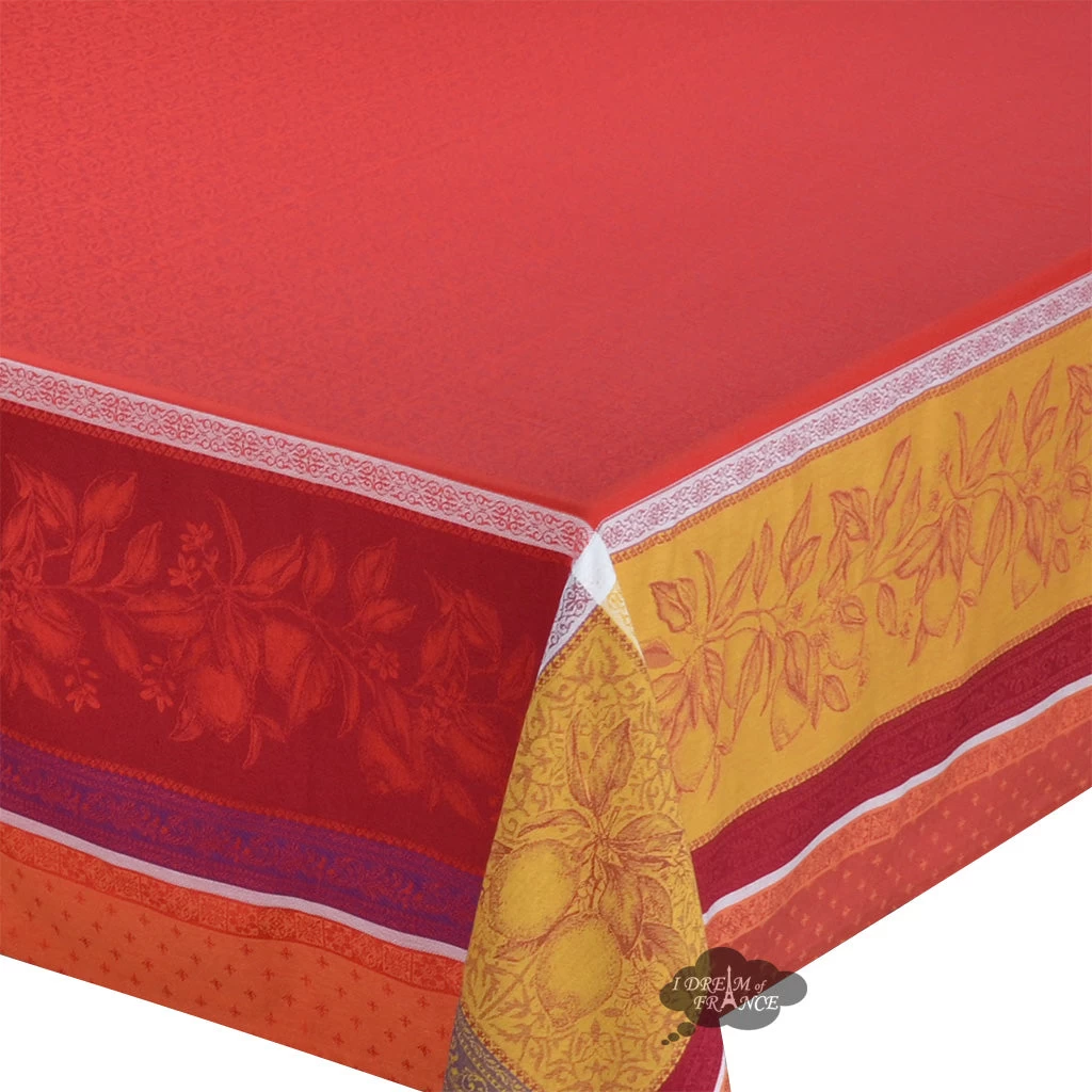 62x98" Rectangular Cedrat Red & Yellow French Cotton Jacquard Tablecloth By Tissus Toselli - Image 2