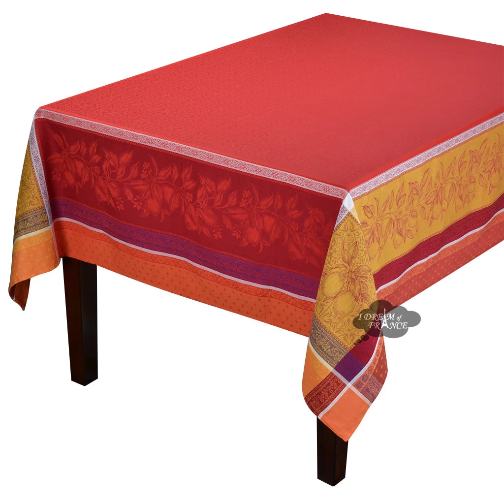 62x98" Rectangular Cedrat Red & Yellow French Cotton Jacquard Tablecloth By Tissus Toselli