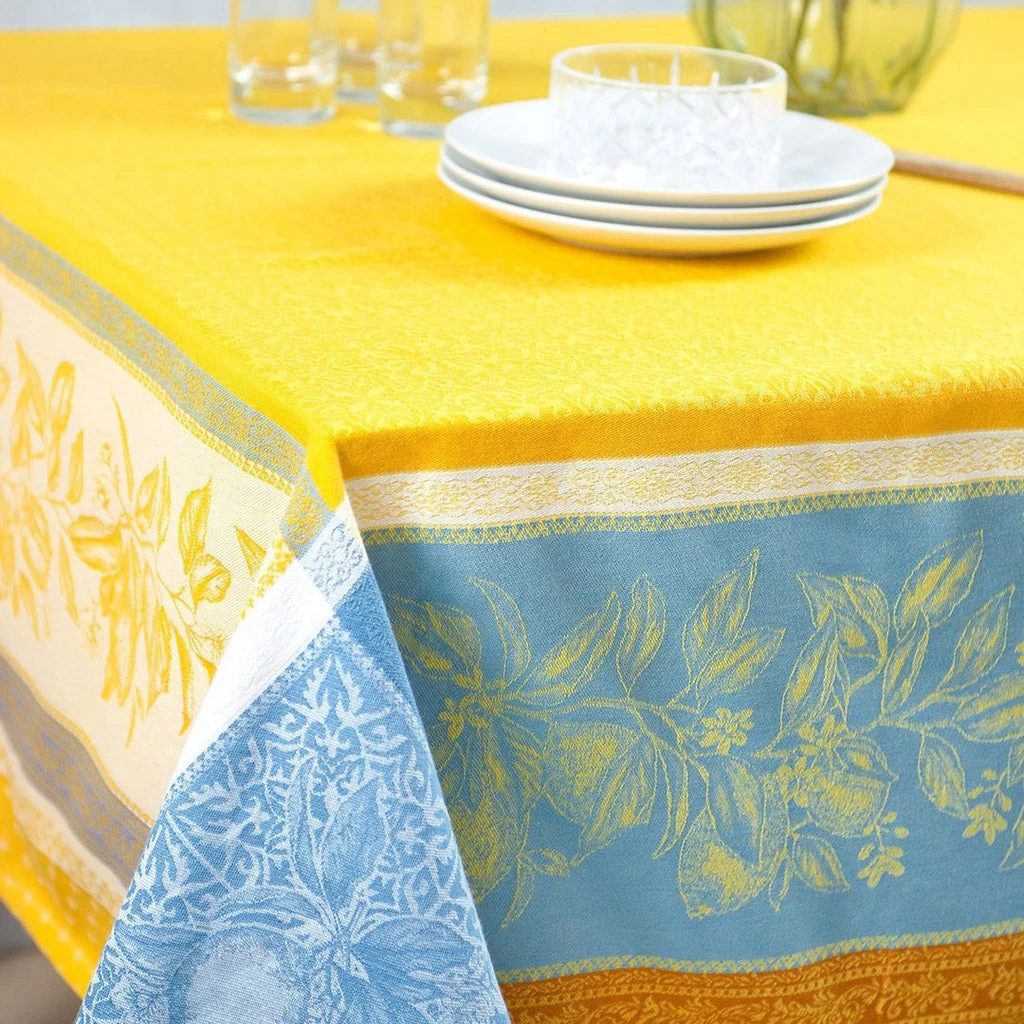 62" Square Cedrat Yellow & Blue French Jacquard Tablecloth By Tissus Toselli - Image 4