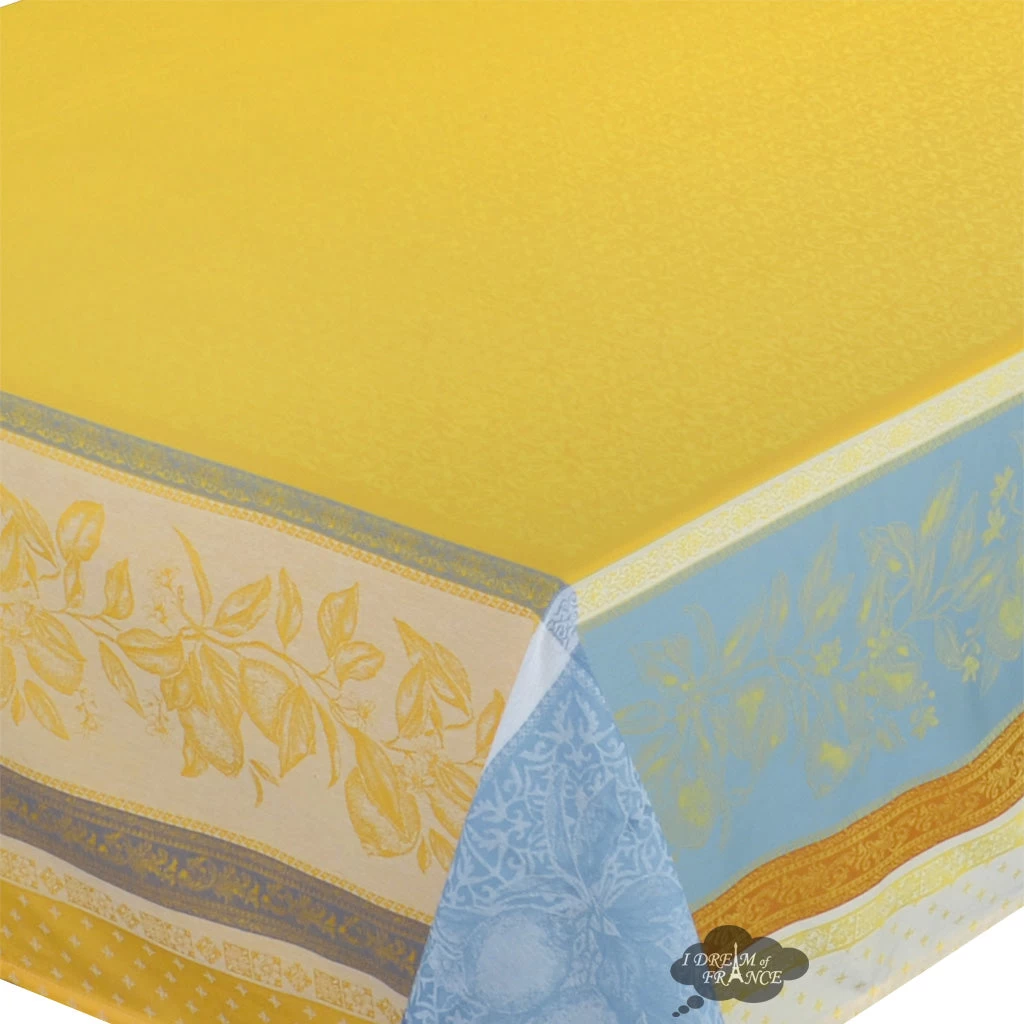 62" Square Cedrat Yellow & Blue French Jacquard Tablecloth By Tissus Toselli - Image 2