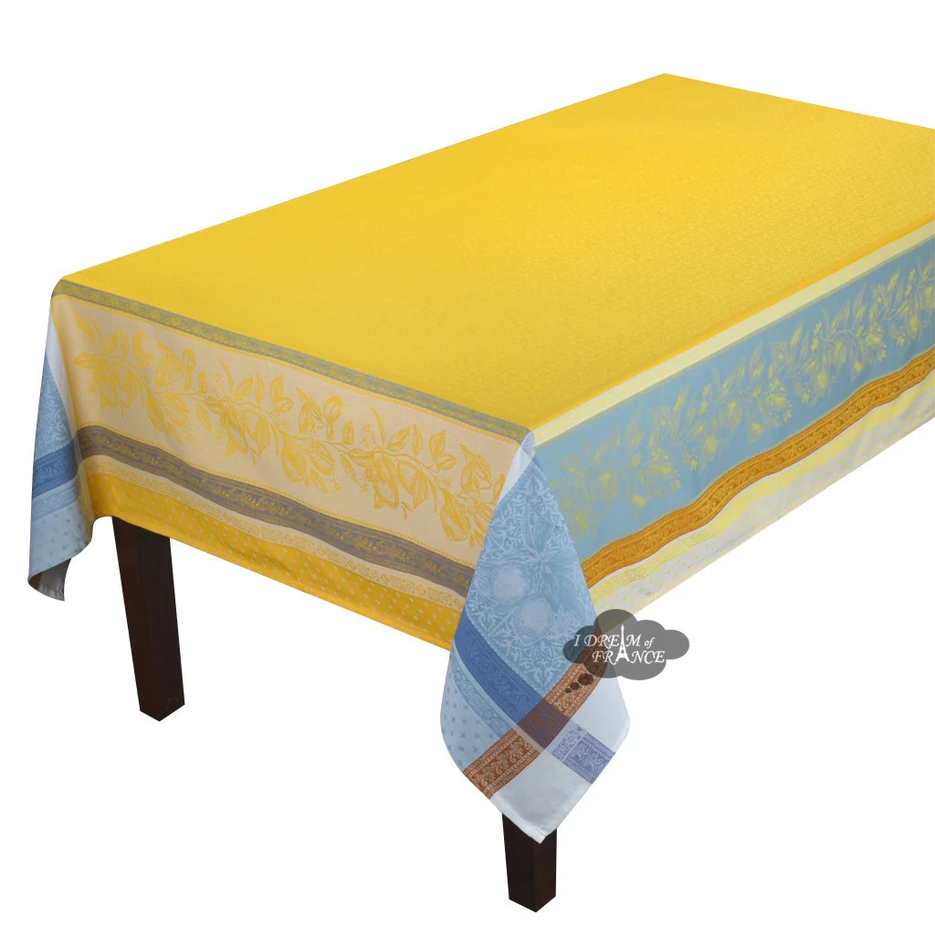 62" Square Cedrat Yellow & Blue French Jacquard Tablecloth By Tissus Toselli