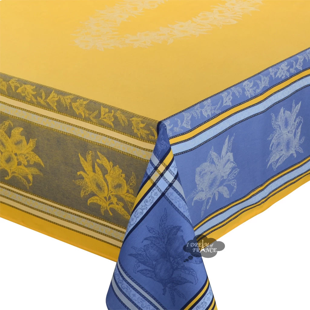 62" Square Citrus Yellow & Blue French Jacquard Tablecloth By L'Ensoleillade - Image 2