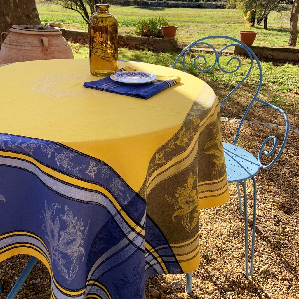62" Square Citrus Yellow & Blue French Jacquard Tablecloth By L'Ensoleillade - Image 3