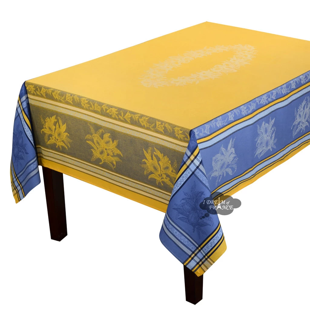 62" Square Citrus Yellow & Blue French Jacquard Tablecloth By L'Ensoleillade