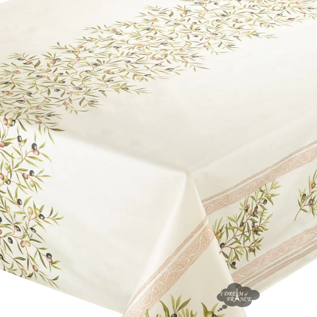 60x120" Rect Clos Des Oliviers Cream Double Border Acrylic-Coated Cotton Tablecloth By Label France - Image 2