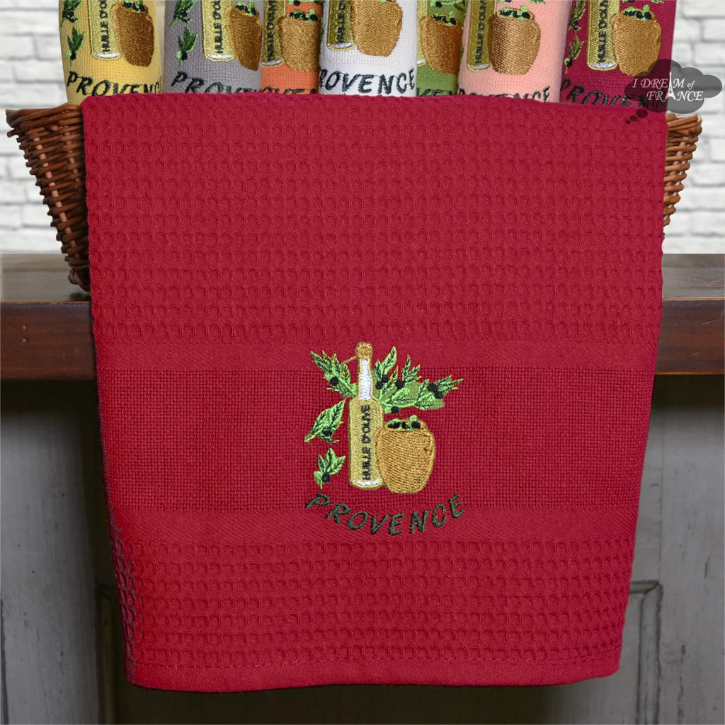 Olive Oil Burgundy Waffle-Weave Kitchen Towel By Coton Blanc - Image 2