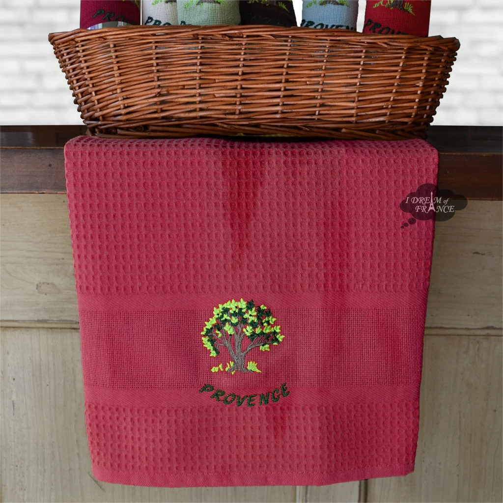 Provence Olive Tree Burgundy Waffle-Weave Kitchen Towel By Coton Blanc - Image 2