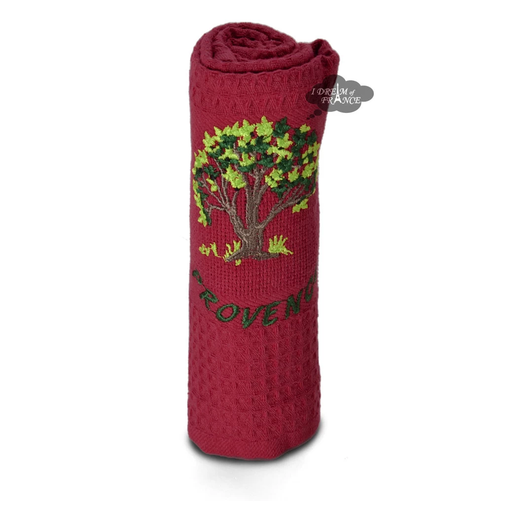 Provence Olive Tree Burgundy Waffle-Weave Kitchen Towel By Coton Blanc