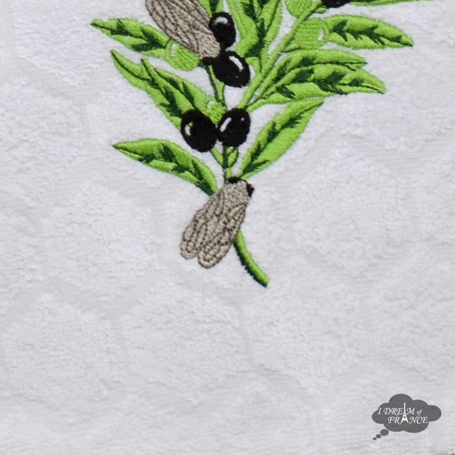 Round Terry Hand Towel Olives & Cicadas White By Coton Blanc - Image 2