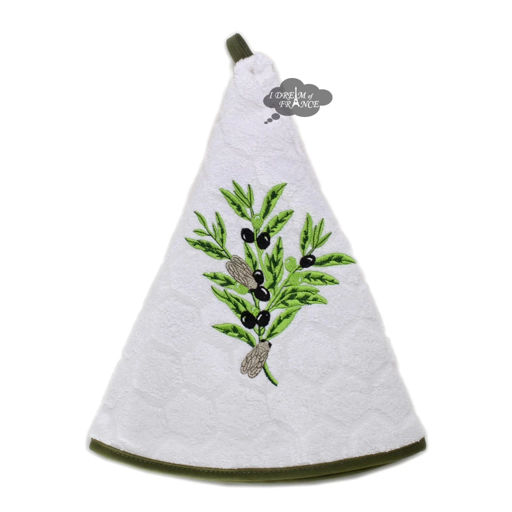 Round Terry Hand Towel Olives & Cicadas White By Coton Blanc