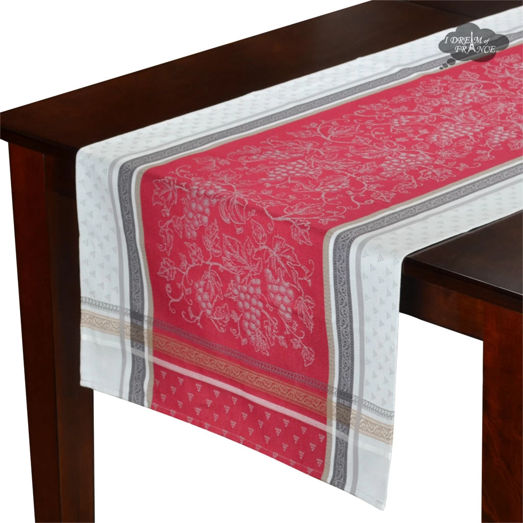 20x64" Winery Red & Gray Jacquard Cotton Table Runner By Tissus Toselli