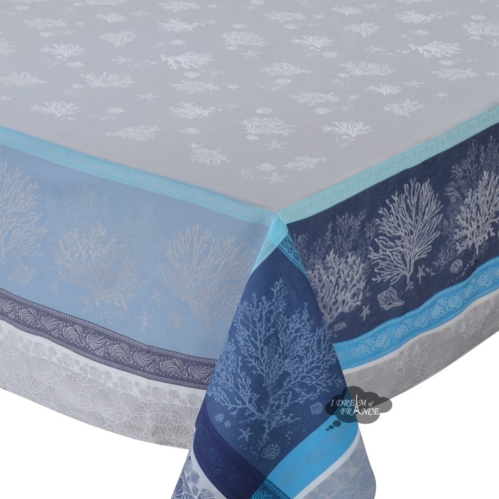 62" Square Oceane Blue French Jacquard Tablecloth By Tissus Toselli - Image 2