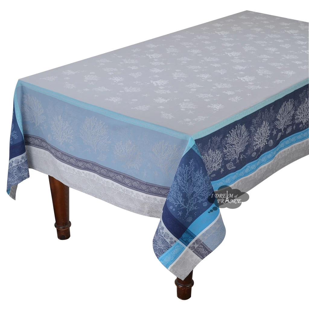 62" Square Oceane Blue French Jacquard Tablecloth By Tissus Toselli