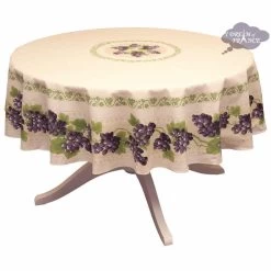 70" Round Grapes Cream Acrylic-Coated Cotton Provence Tablecloth By Le Cluny