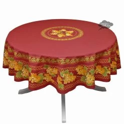 70" Round Grapes Red Acrylic-Coated Cotton Provence Tablecloth By Le Cluny