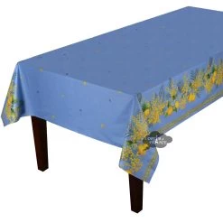 60x138" Rectangular Lemon & Mimosa Blue All-Over Acrylic-Coated Cotton Tablecloth By Label France
