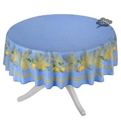 70" Round Lemon & Mimosa Blue Acrylic-Coated Cotton Tablecloth By L'Ensoleillade