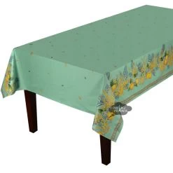 58" Square Lemon & Mimosa Green Coated Cotton Tablecloth By L'Ensoleillade