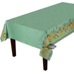 60x138" Rectangular Lemon & Mimosa Green All-Over Acrylic-Coated Cotton Tablecloth By Label France