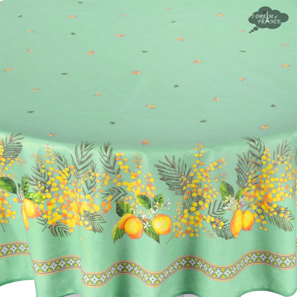 70" Round Lemon & Mimosa Green Acrylic-Coated Cotton Tablecloth By L'Ensoleillade - Image 3