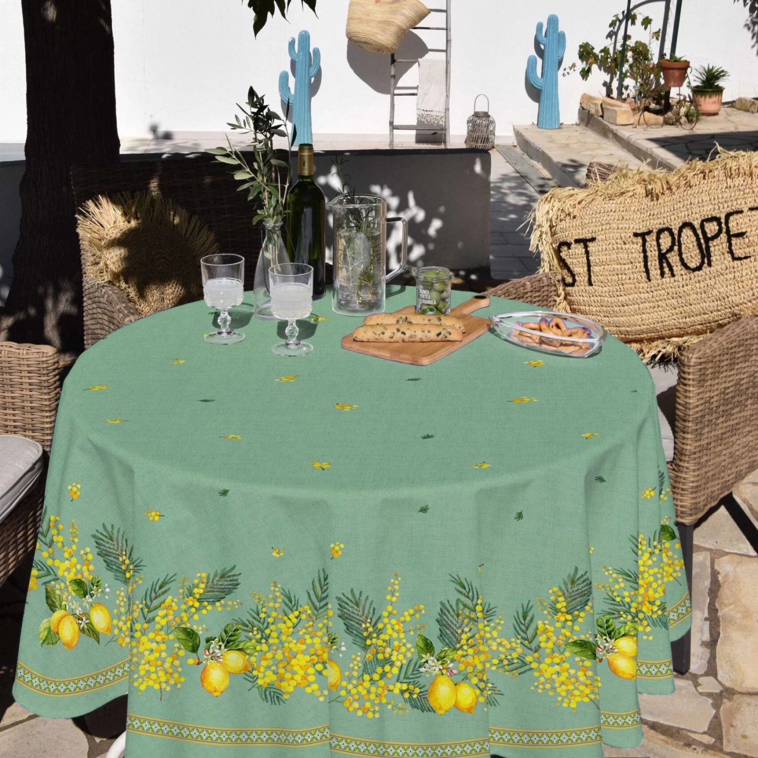 70" Round Lemon & Mimosa Green Acrylic-Coated Cotton Tablecloth By L'Ensoleillade - Image 2