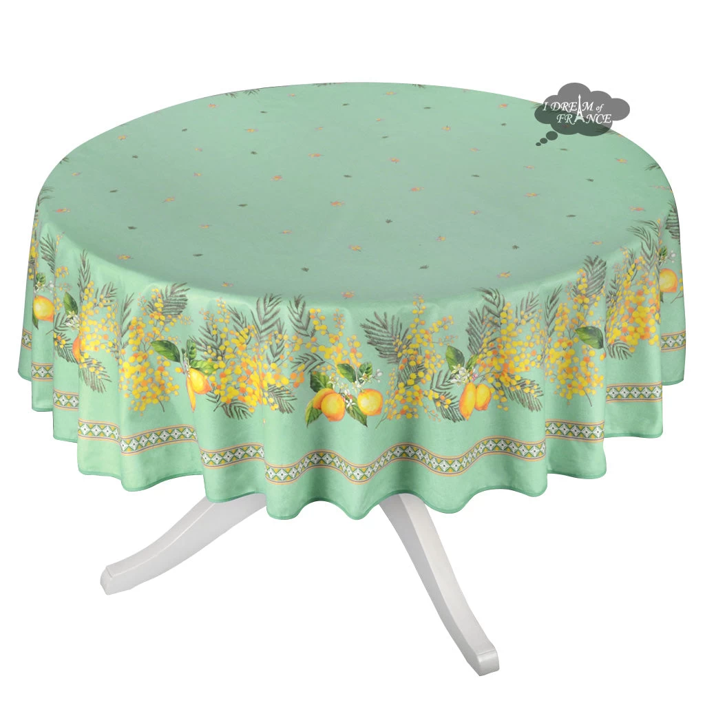 70" Round Lemon & Mimosa Green Acrylic-Coated Cotton Tablecloth By L'Ensoleillade