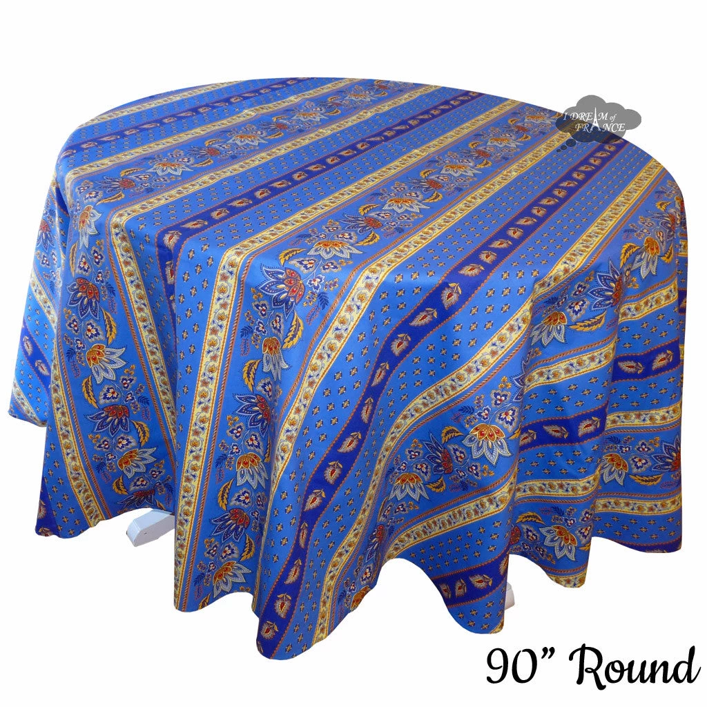 90" Round Lisa Blue Acrylic-Coated Cotton Provence Tablecloth By Le Cluny