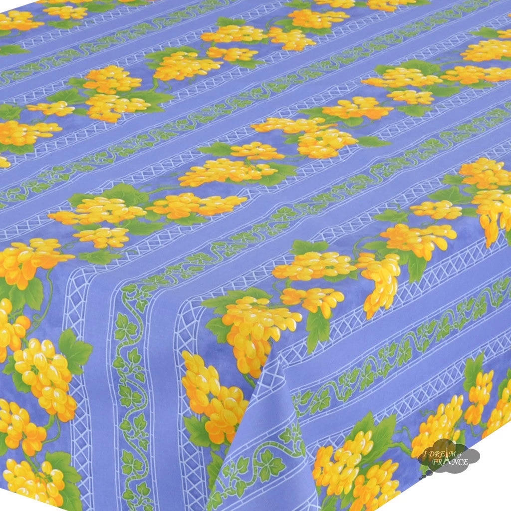60x96" Rectangular Grapes Blue Acrylic-Coated Cotton Provence Tablecloth By Le Cluny - Image 2