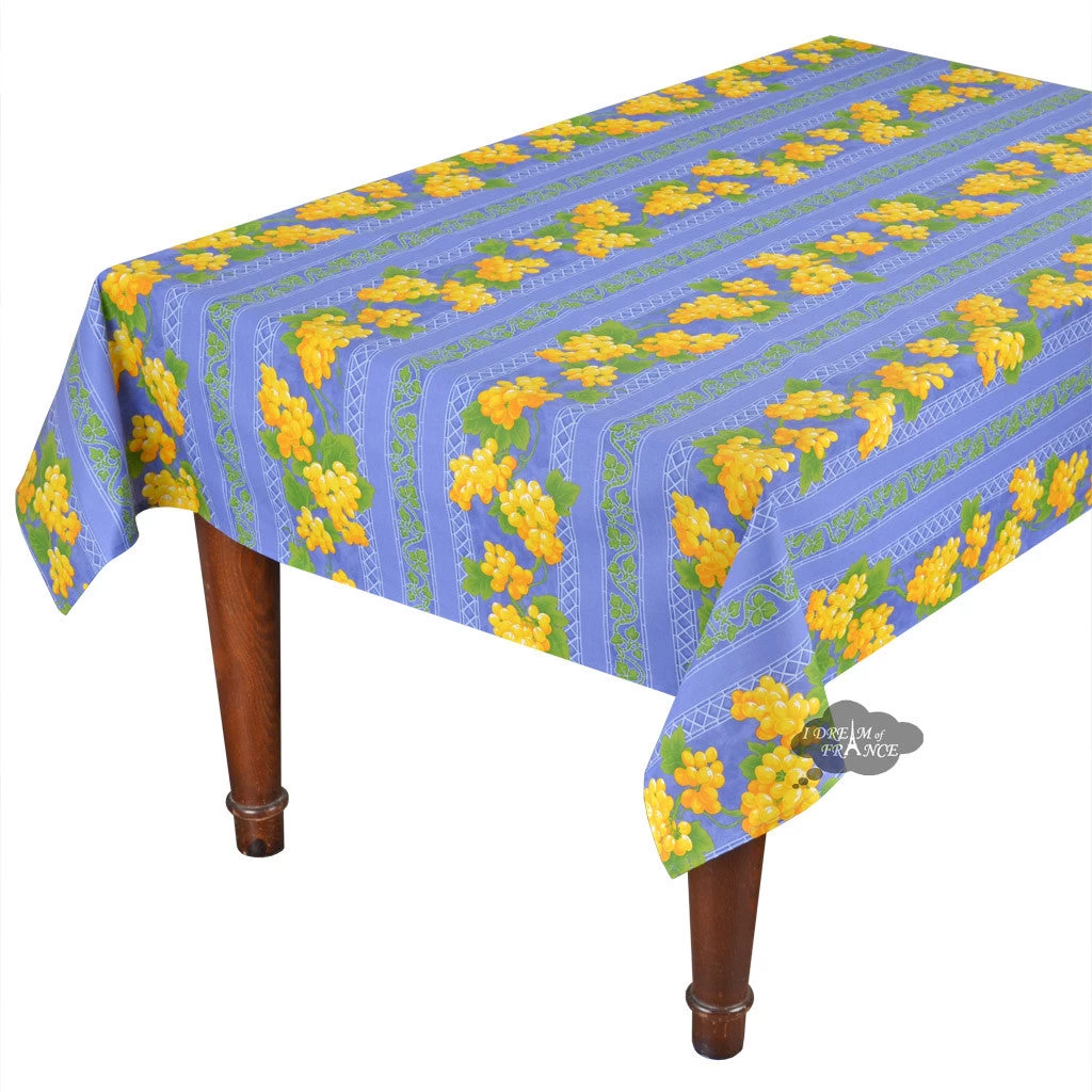 60x96" Rectangular Grapes Blue Acrylic-Coated Cotton Provence Tablecloth By Le Cluny