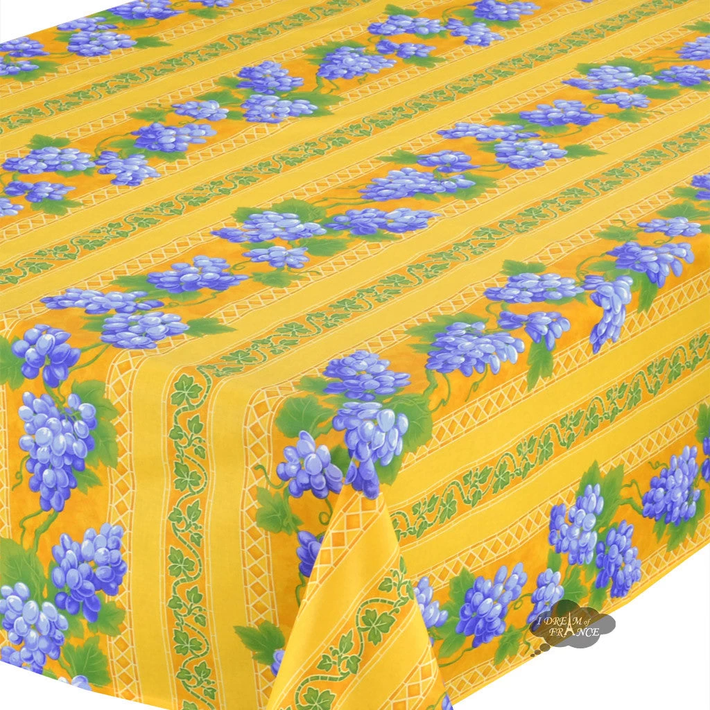 52x72" Rectangular Grapes Yellow Acrylic-Coated Cotton Provence Tablecloth By Le Cluny - Image 2