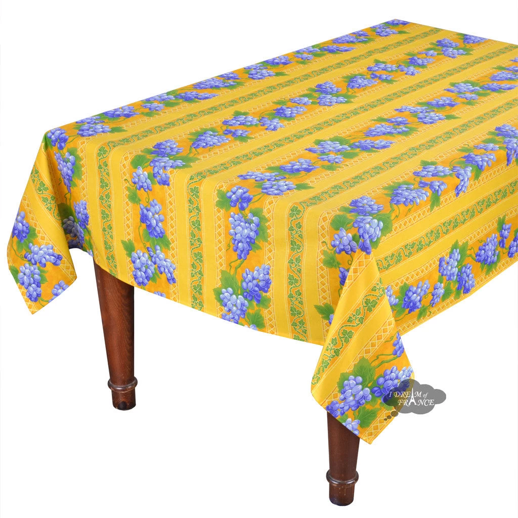 52x72" Rectangular Grapes Yellow Acrylic-Coated Cotton Provence Tablecloth By Le Cluny