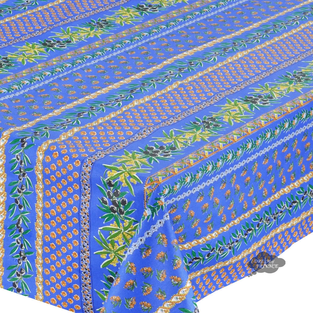 60x132" Rectangular Olives Blue Acrylic-Coated Cotton Provence Tablecloth By Le Cluny - Image 2