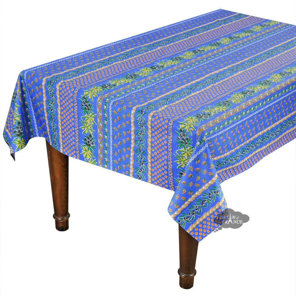60x132" Rectangular Olives Blue Acrylic-Coated Cotton Provence Tablecloth By Le Cluny