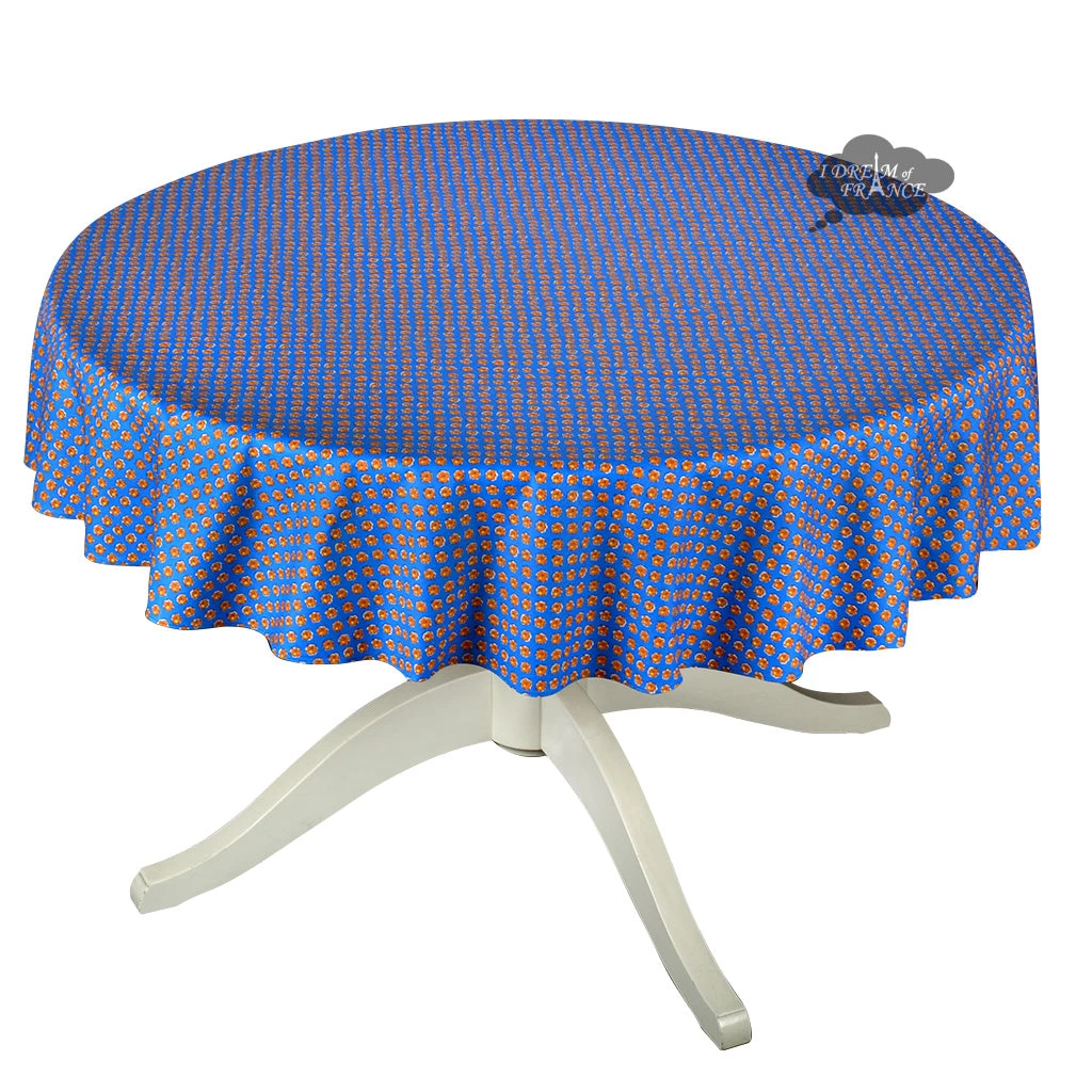 60" Round Olives Blue All-Over Acrylic-Coated Cotton Provence Tablecloth By Le Cluny