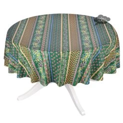 70" Round Olives Green Striped Acrylic-Coated Cotton Provence Tablecloth By Le Cluny
