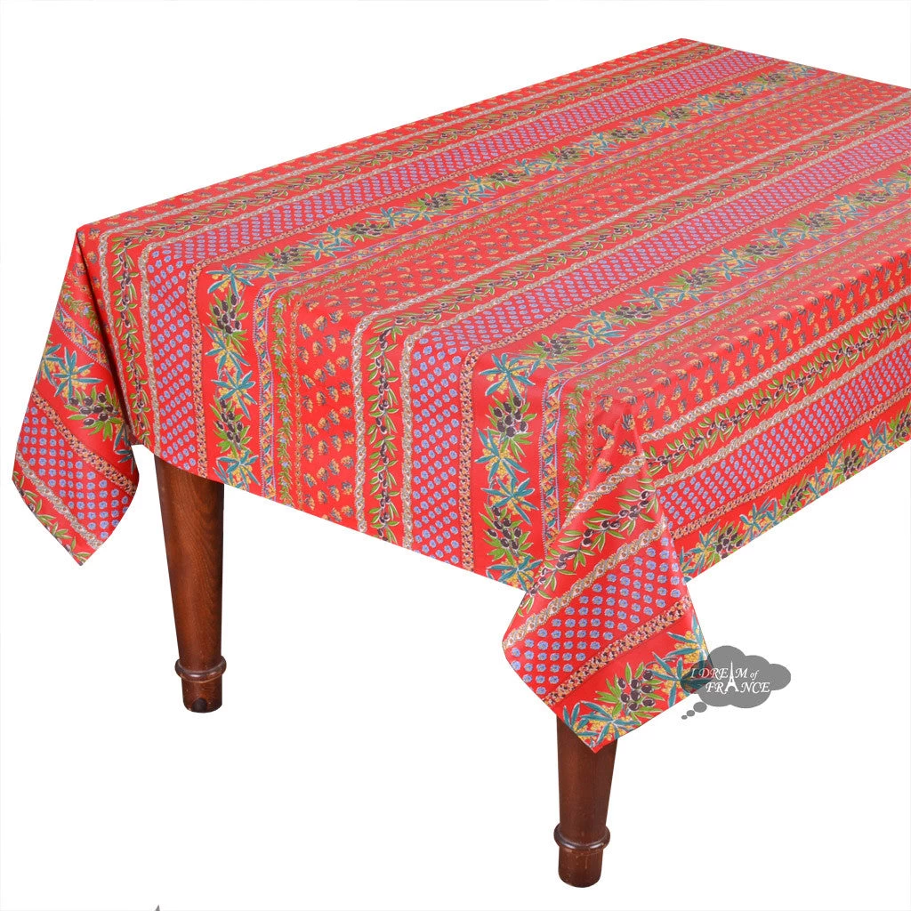 60x84" Rectangular Olives Red Acrylic-Coated Cotton Provence Tablecloth By Le Cluny