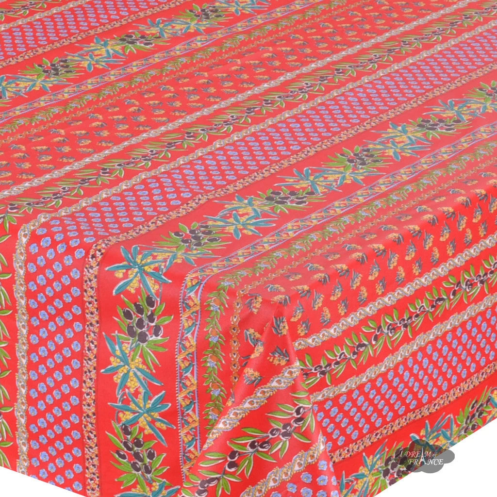 58" Square Olives Red Acrylic-Coated Cotton Provence Tablecloth By Le Cluny - Image 2