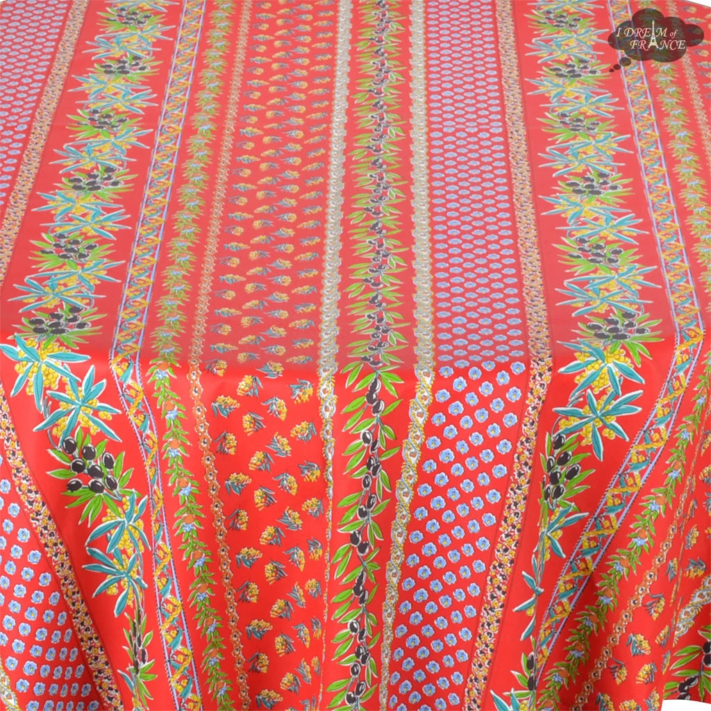 70" Round Olives Red Striped Acrylic-Coated Cotton Provence Tablecloth By Le Cluny - Image 2