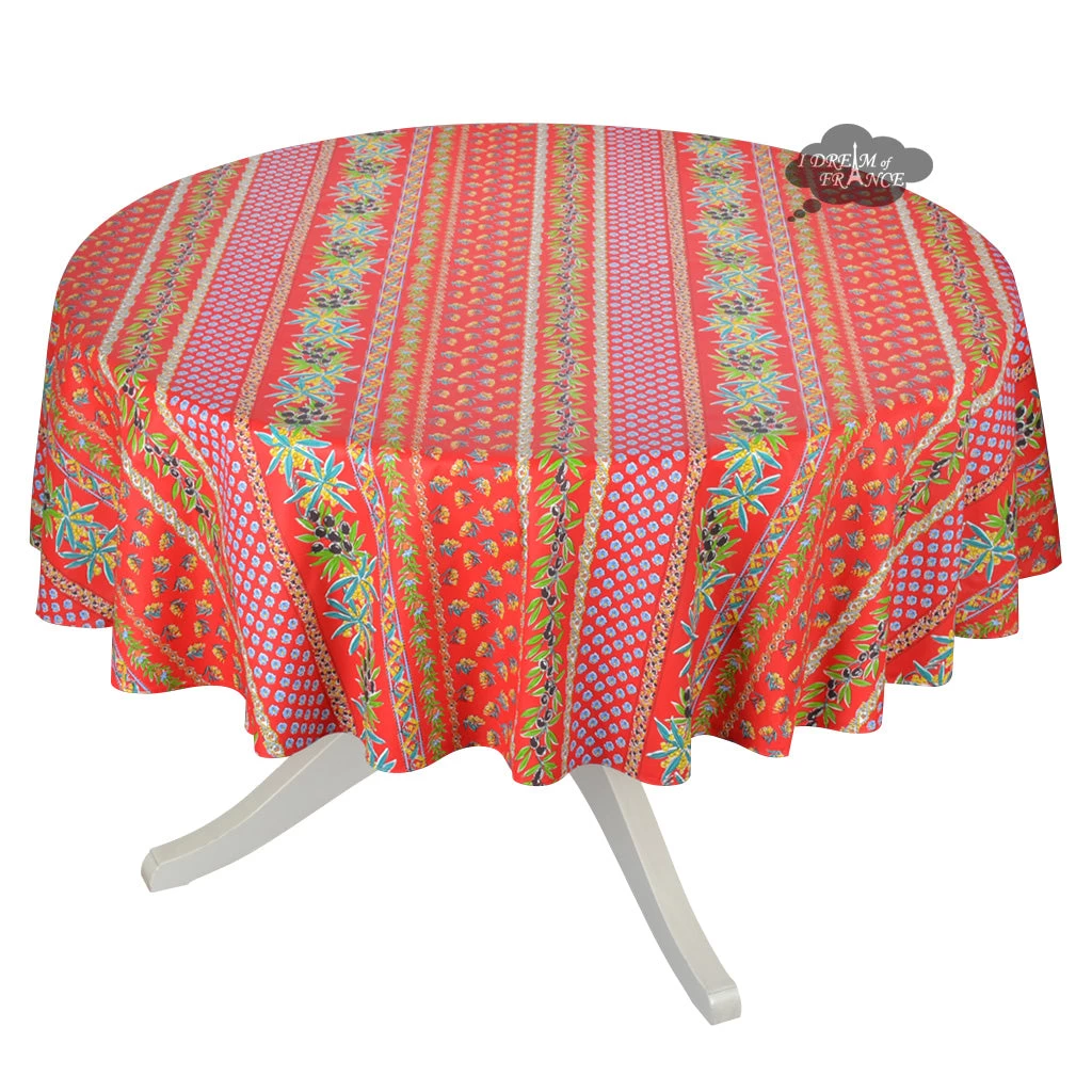 70" Round Olives Red Striped Acrylic-Coated Cotton Provence Tablecloth By Le Cluny