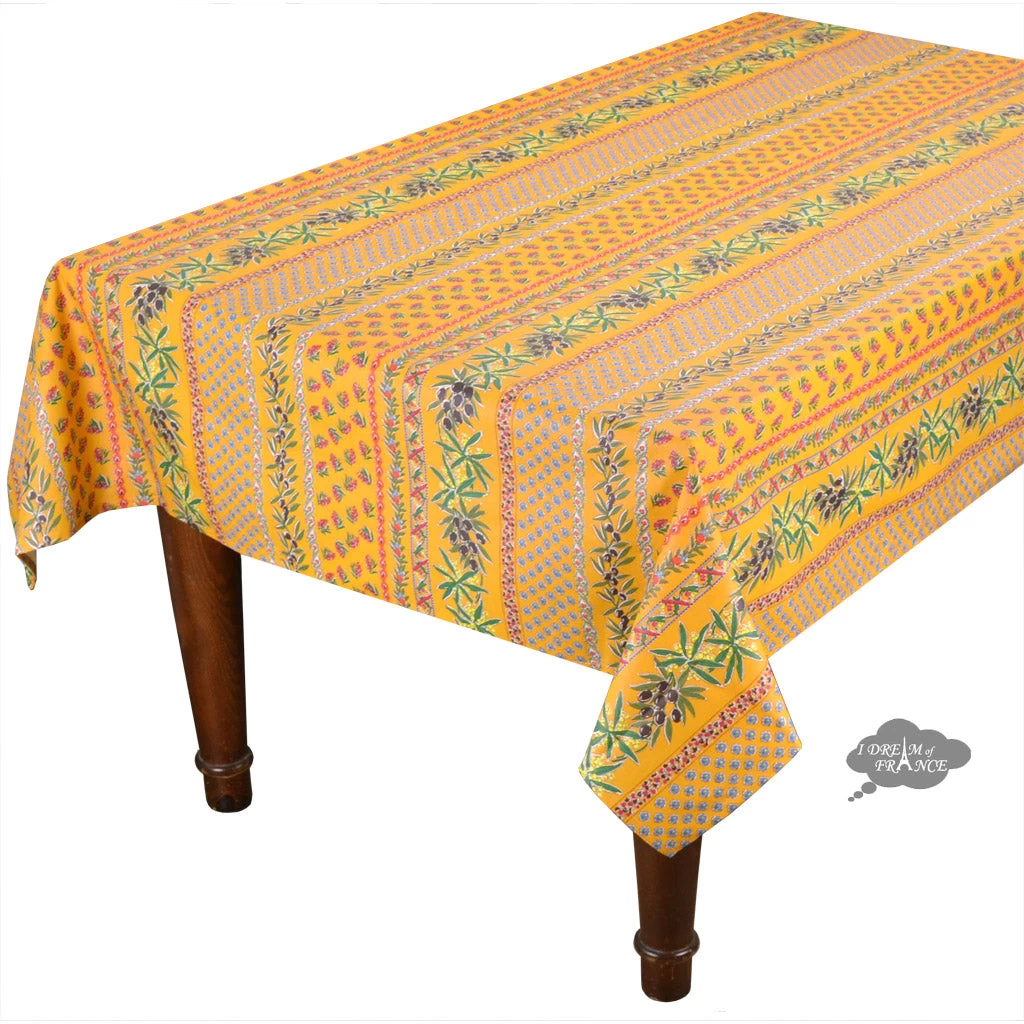 58" Square Olives Yellow Acrylic-Coated Cotton Provence Tablecloth By Le Cluny