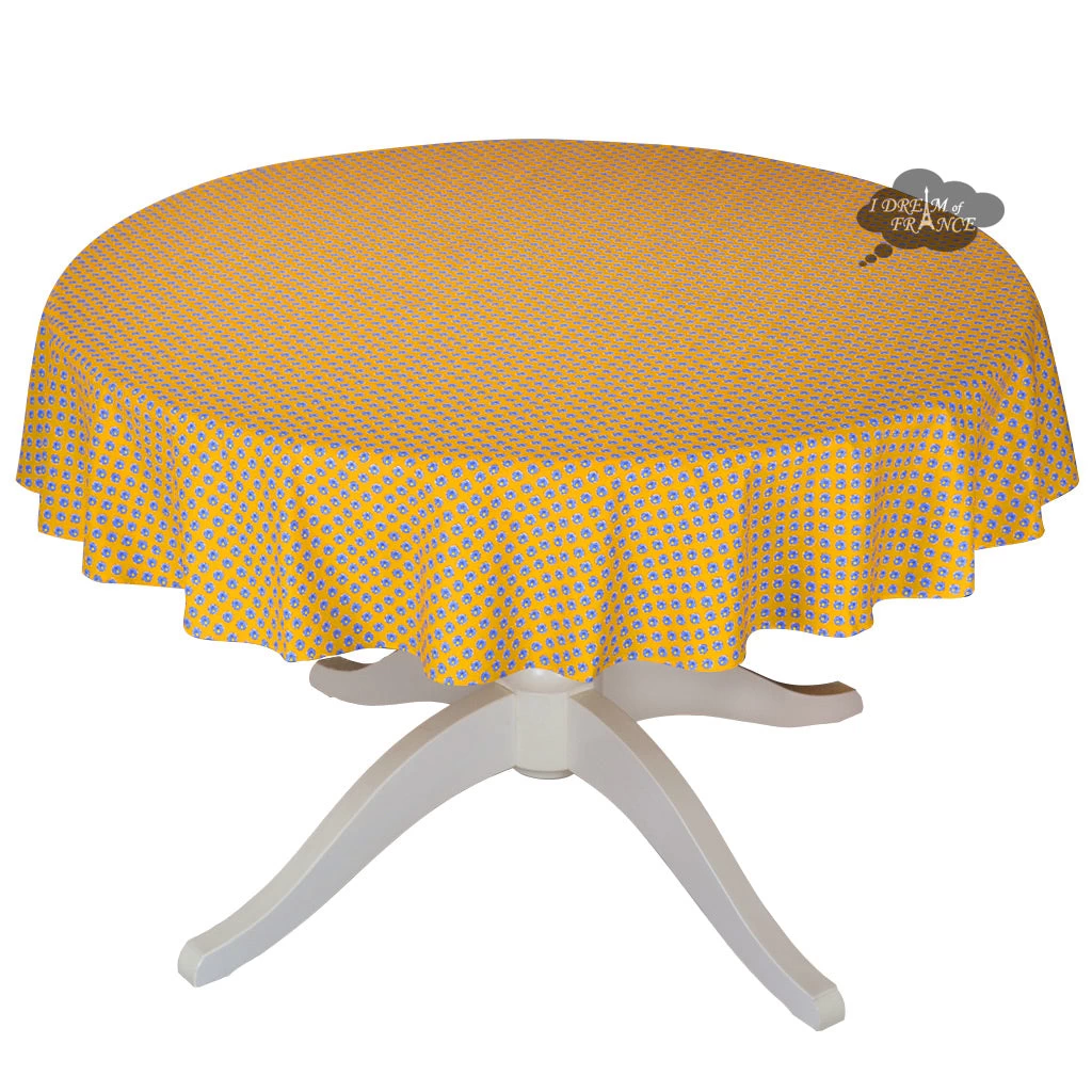 60" Round Olives Yellow All-Over Acrylic-Coated Cotton Provence Tablecloth By Le Cluny