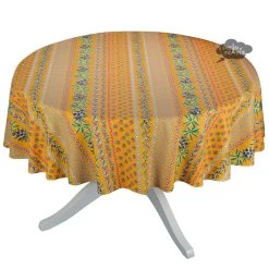 70" Round Olives Yellow Striped Acrylic-Coated Cotton Provence Tablecloth By Le Cluny