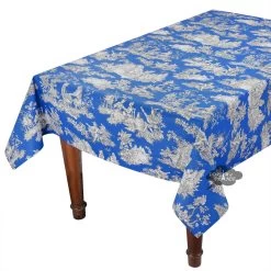 60x132" Rectangular Villandry Blue Toile Acrylic-Coated Cotton Tablecloth By Le Cluny