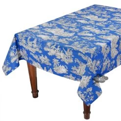 60x84" Rectangular Villandry Blue Toile Acrylic-Coated Cotton Tablecloth By Le Cluny