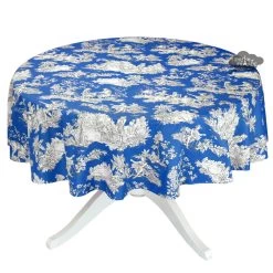 70" Round Villandry Blue Toile Acrylic-Coated Cotton French Tablecloth By Le Cluny