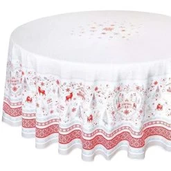 70" Round Mistletoe Red Acrylic-Coated Cotton Tablecloth By Tissus Toselli